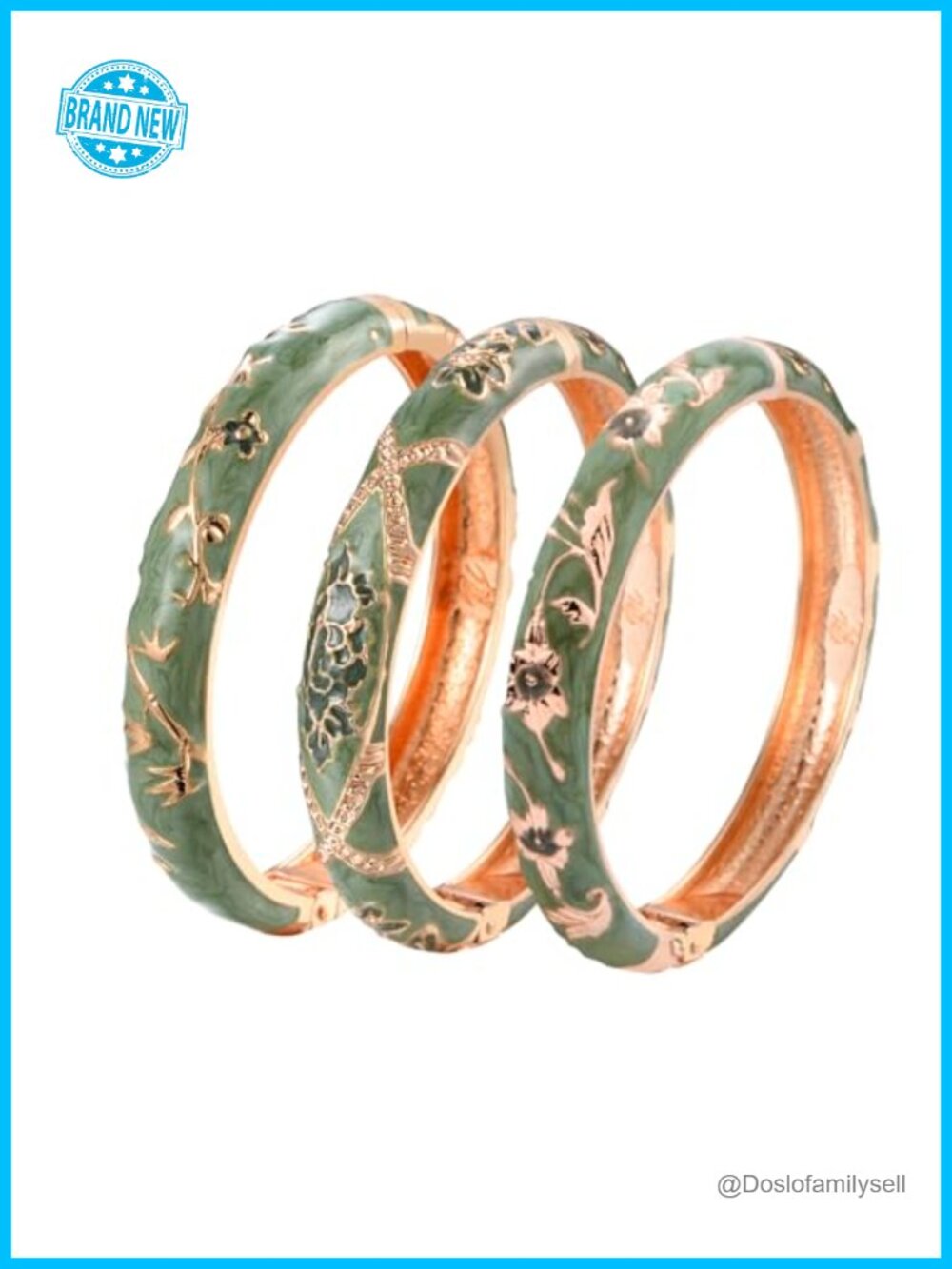 UJOY Gold Plated Cloisonne Enamel Hinged Cuff Bangle Bracelets Set